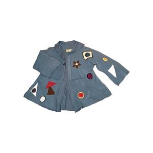 Carole Wang Women Blue Fleece Patchwork Button Up Coat Wearable Art Peplum Sz M